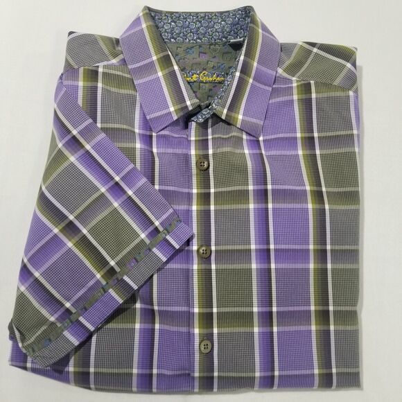 Robert Graham Shirt Mens 2XL XXL Button Down Purple Gray Short Sleeve Casual - Picture 12 of 12